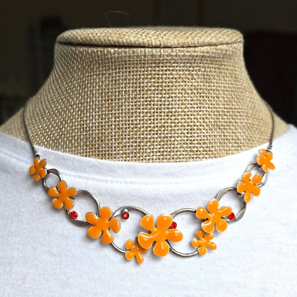 Pilgrim Danish Orange Enamel Flower Link Necklace Rhinestones Silver Plated 17"